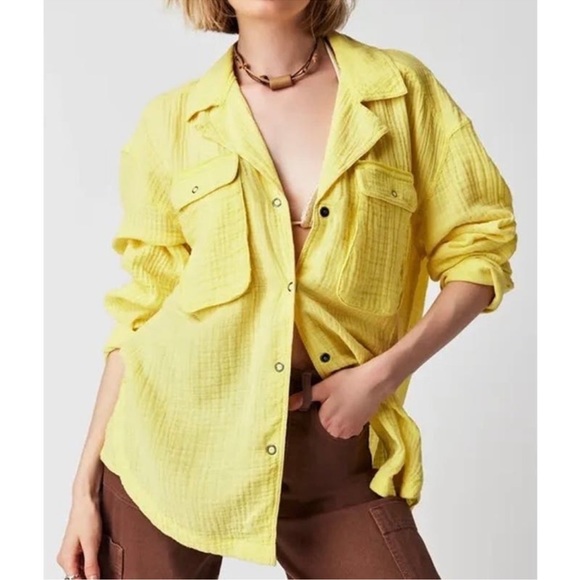Free People Izzy Cargo Double Cloth Buttondown Shirt Lazy Day Yellow Medium - Picture 1 of 16